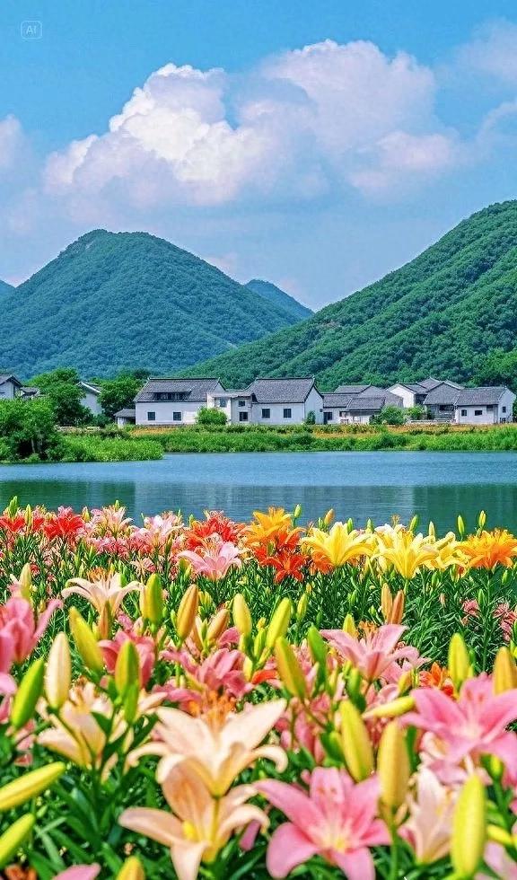 湖光山色相伴，百合花繁花似锦，这般景色，实在怡人