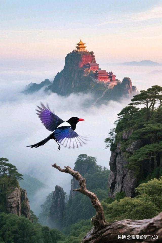 仙境中的古寺，飞鸟掠过，云海翻腾，如梦如幻！