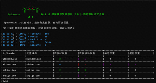 批量查询ip对应域名、备案信息、百度权重