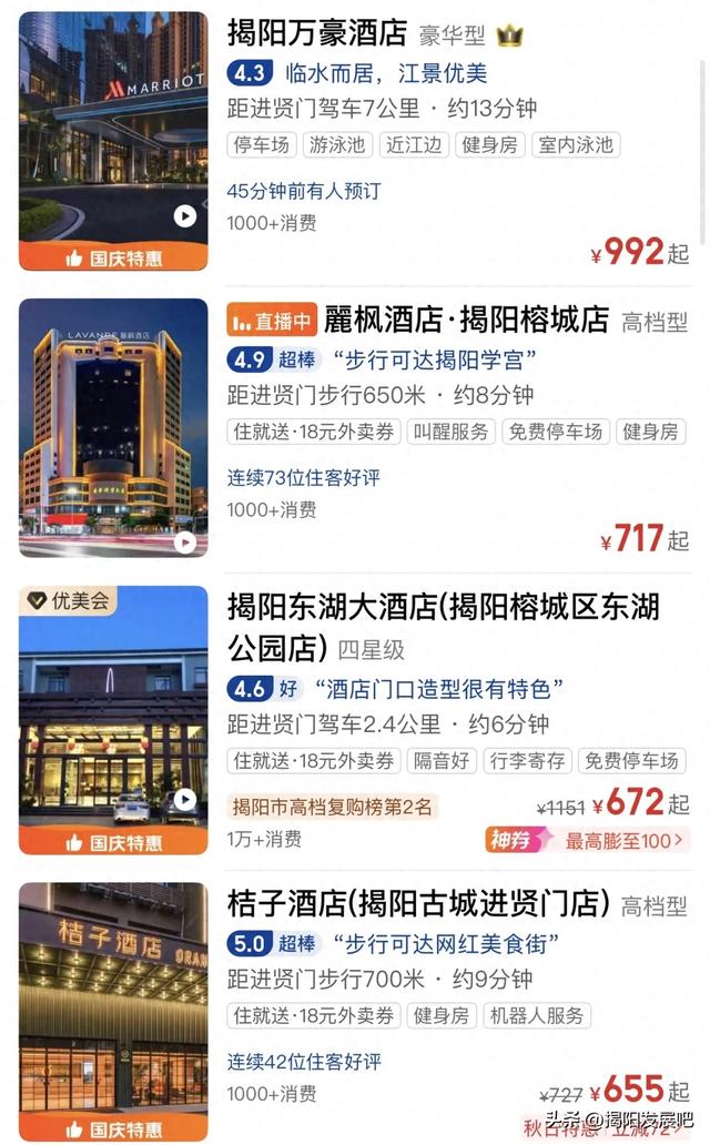 国庆中秋双节期间，汕潮揭三市酒店价格哪家高？