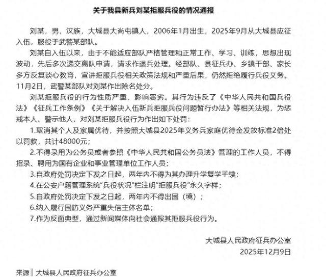 “新兵拒服兵役”河北通报：刘某（男，2006年出生），罚款4.8万元，不得录用为公务员