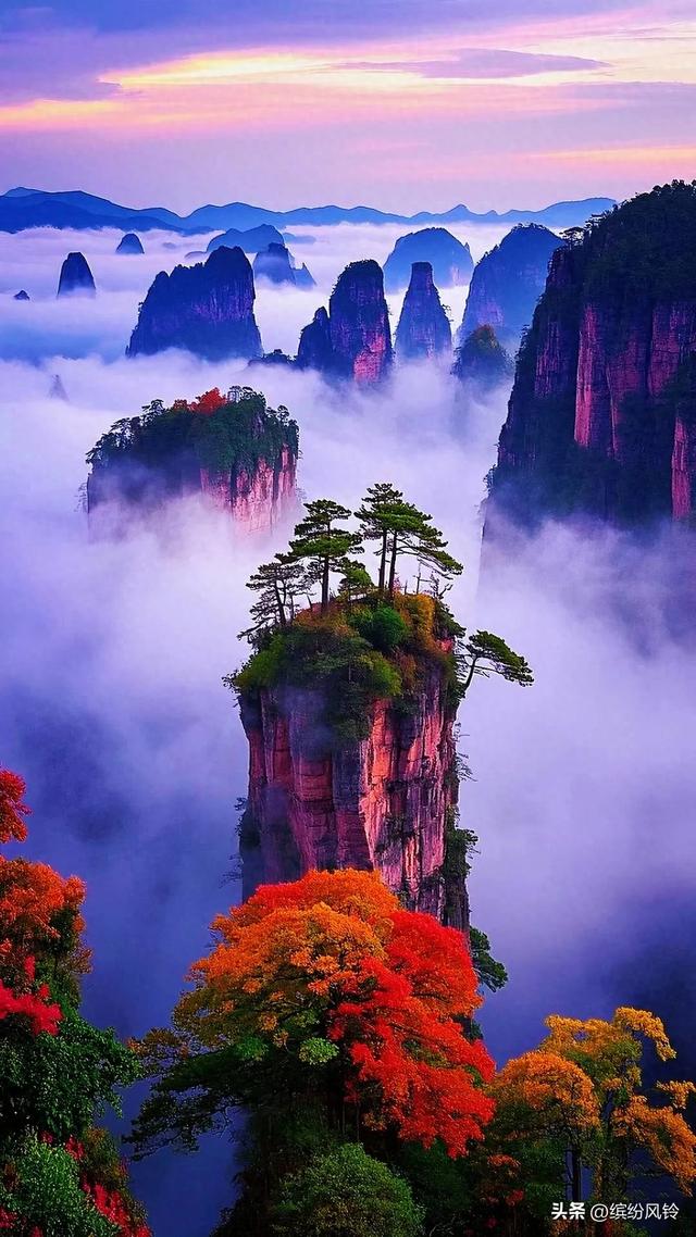 云雾若轻纱，缠绕于嶙峋石柱之间