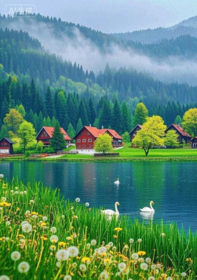 青山静水间，红舍伴鹅游