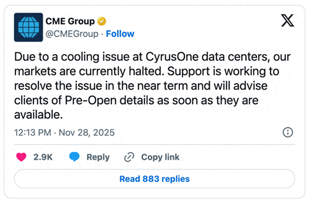 全球市场“摸黑飞行”！CME因“冷却问题”停摆数小时，流动性骤降引发交易员愤怒