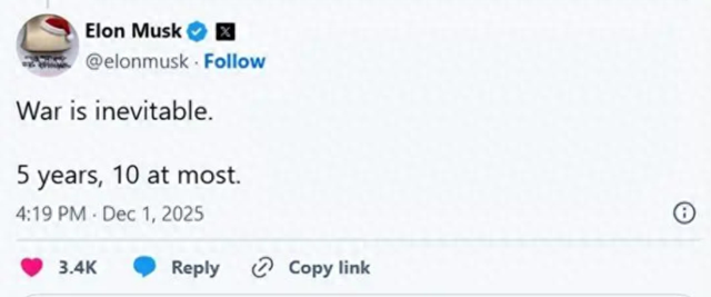 和平已无望？马斯克预言大战时间，美政府已签字：提到台湾省8次