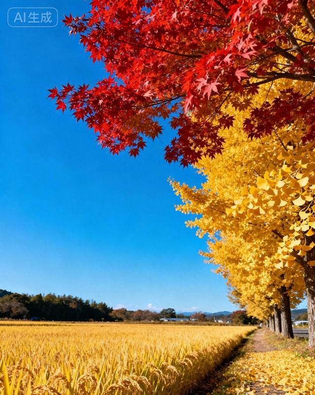 当蓝天撞了枫杏色，稻田就漾开了满季金黄