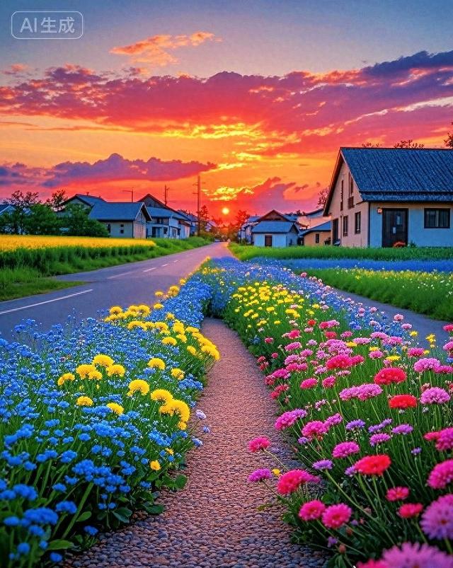 乡间小路蜿蜒，穿过花海，通向村落，落日余晖洒遍，真的好唯美呀