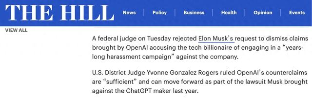 美国联邦法官驳回马斯克请求，OpenAI指控其“持续骚扰”案进入新阶段