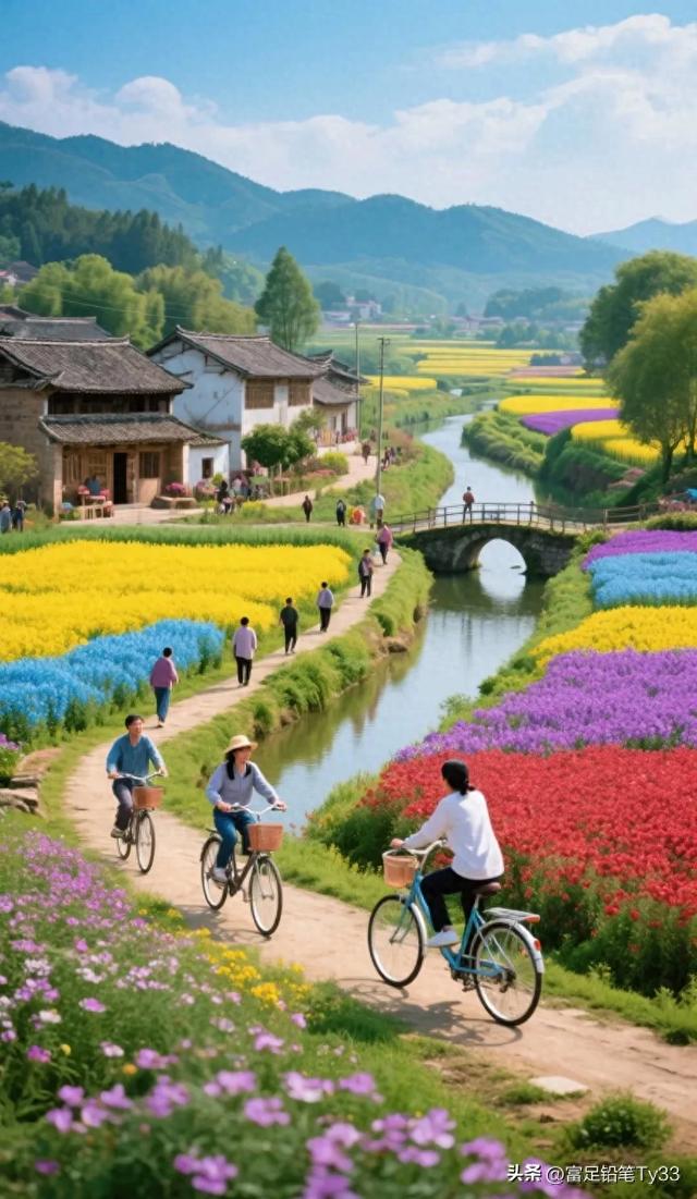 #春日骑行# 在花海中畅游，感受田园的宁静与美好！