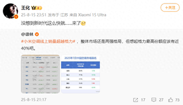 小米7月空调线上销量超越格力 王化：没想到新时代这么快就来了