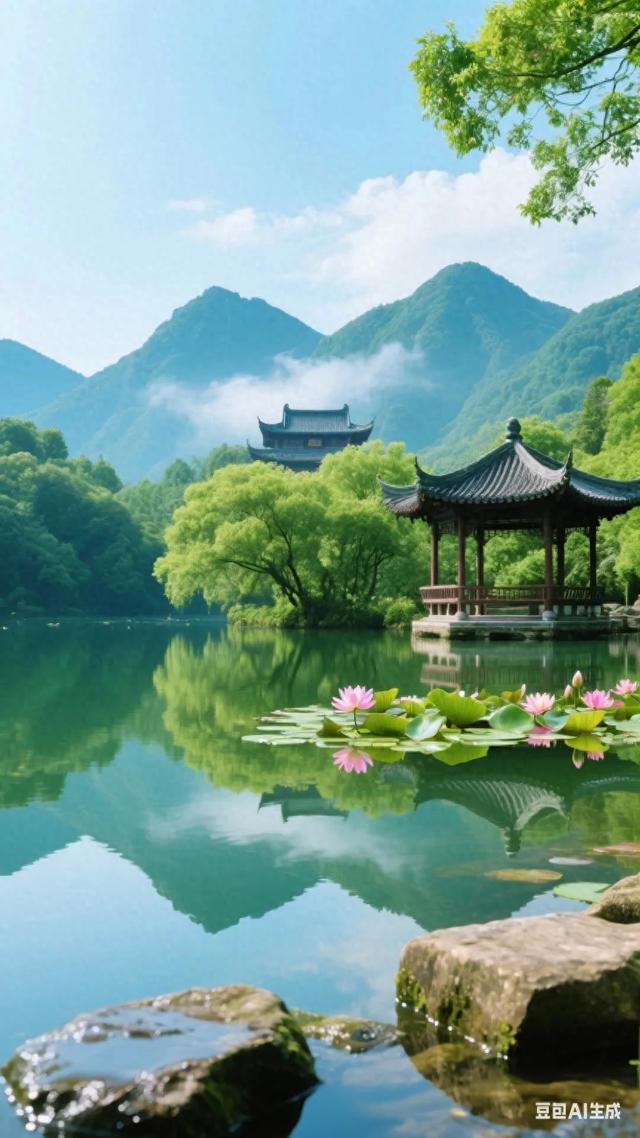 静谧湖畔，古风亭台，云雾缭绕，宛如仙境！