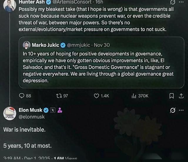 和平已无望？马斯克预言大战时间，美政府已签字：提到台湾省8次