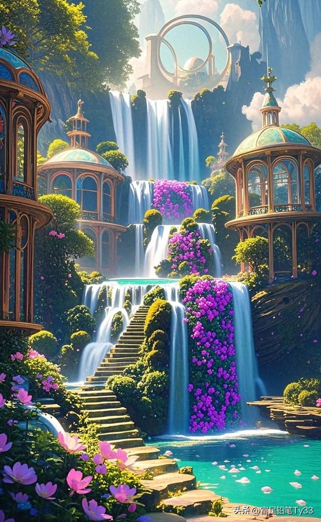 梦幻仙境，瀑布飞流，花海环绕，如梦如幻！🌸💦🏰