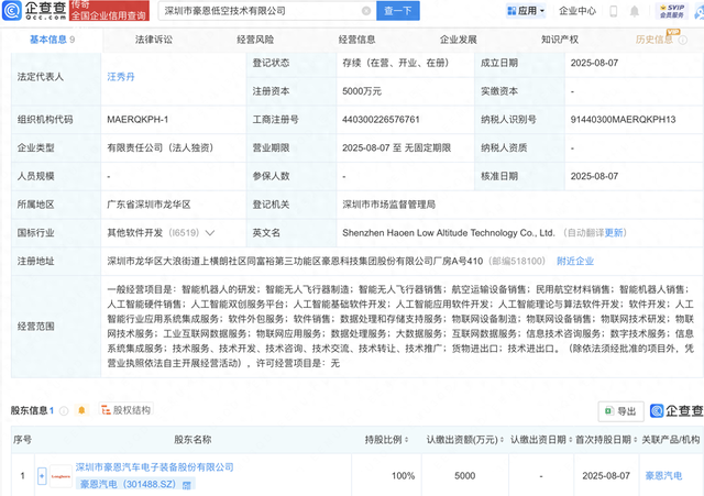 豪恩汽电成立低空技术公司，含AI业务