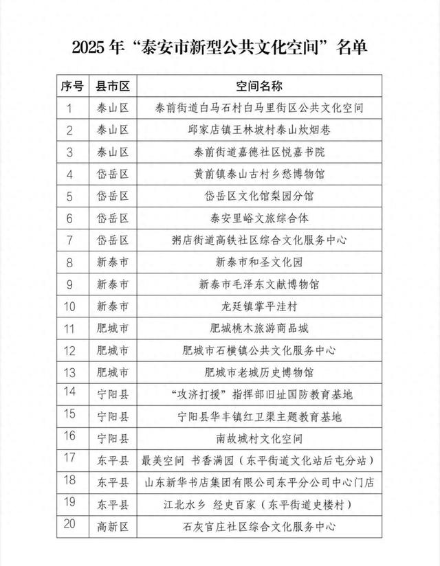 泰安公布20个2025年“泰安市新型公共文化空间”