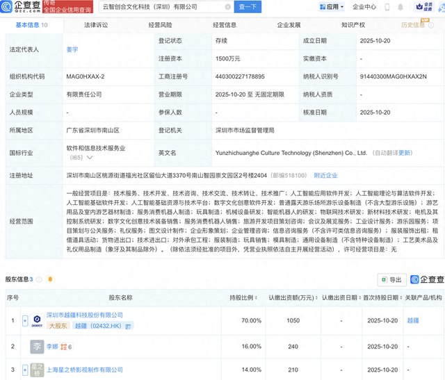越疆等新设文化科技公司，含AI及机器人业务