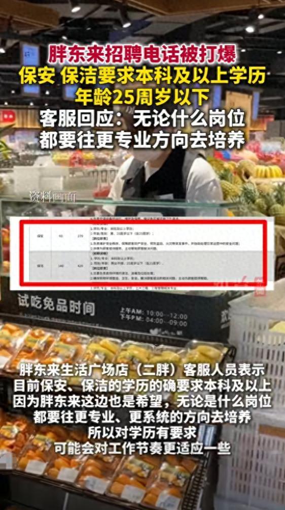 保安、保洁要求本科及以上学历，年龄25周岁以下，胖东来客服回应：无论什么岗位都要往更专业方向去培养