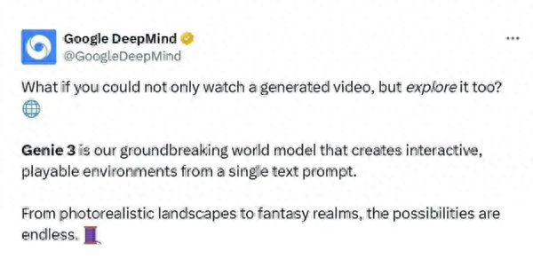 谷歌DeepMind推出Genie 3：AI世界模型 实现实时交互式3D环境生成