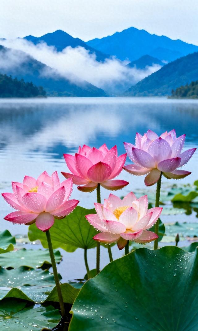 远山云雾、澄澈湖水，粉紫荷花带露，翠荷叶，景致醉美