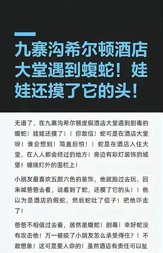九寨沟通报酒店大堂出现蝮蛇：经检查确认孩子未被咬伤