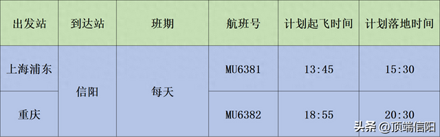 信阳明港机场“上海⇋信阳⇋重庆”航线将执行新时刻