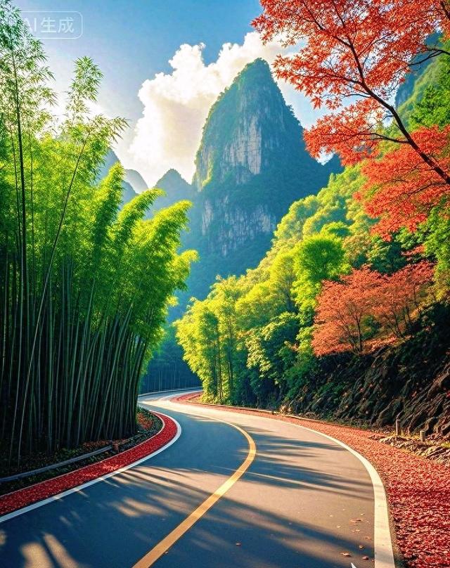 彩林竹海环山径，一径斑斓入画来