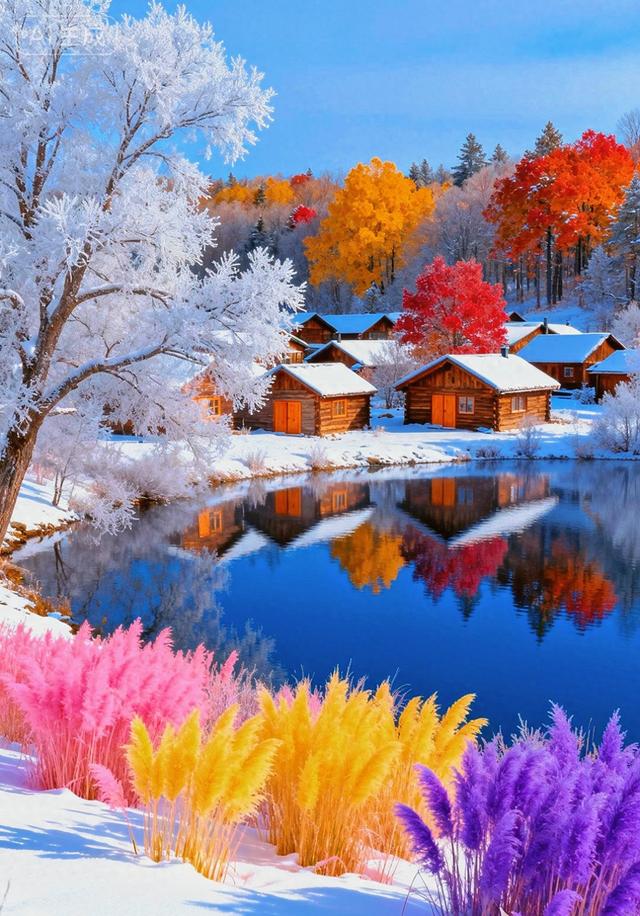 雾凇裹枝，湖映彩林，粉黄紫草绽于雪间，秋冬撞色绘仙境