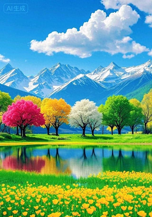 雪山湖畔，五颜六色树绘就绝美治愈画卷