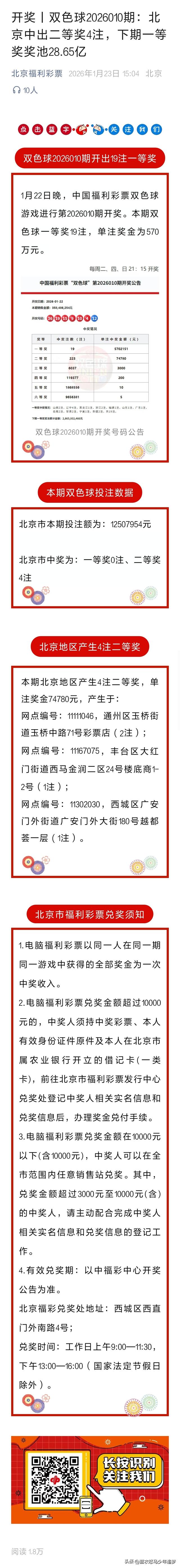 1月22日双色球开奖：北京地区中出4注二等奖，单注奖金74780元