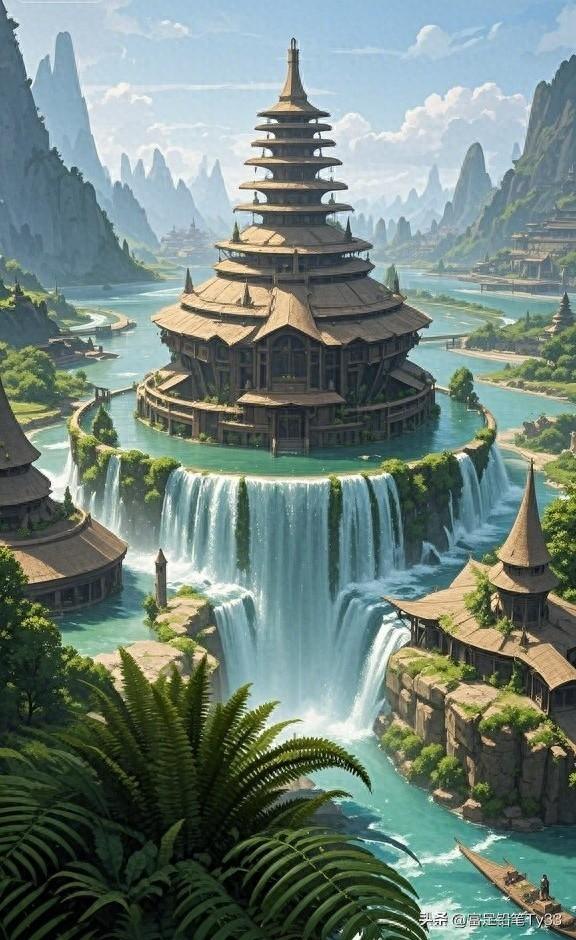 梦幻仙境中的千年古刹，瀑布飞流直下，如梦如幻！