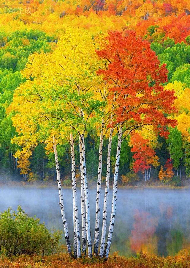 秋雾里的白桦，晕染了半林金红