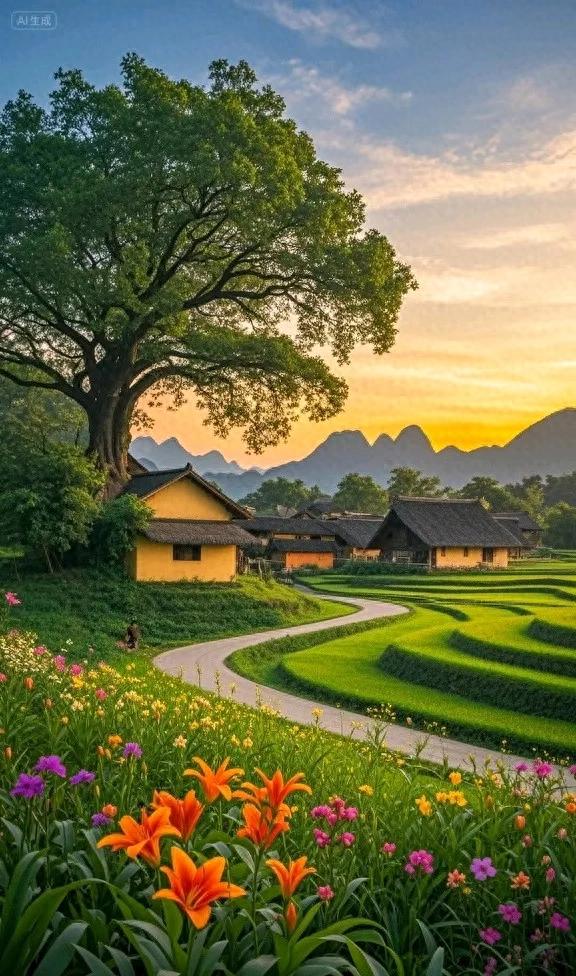 古村卧花海，梯田连远山，美成田园诗画