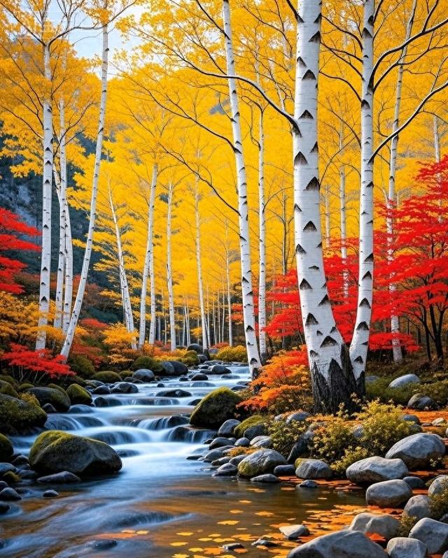 当白桦林染上金黄，红枫点燃溪岸，秋叶与石共织治愈秋景