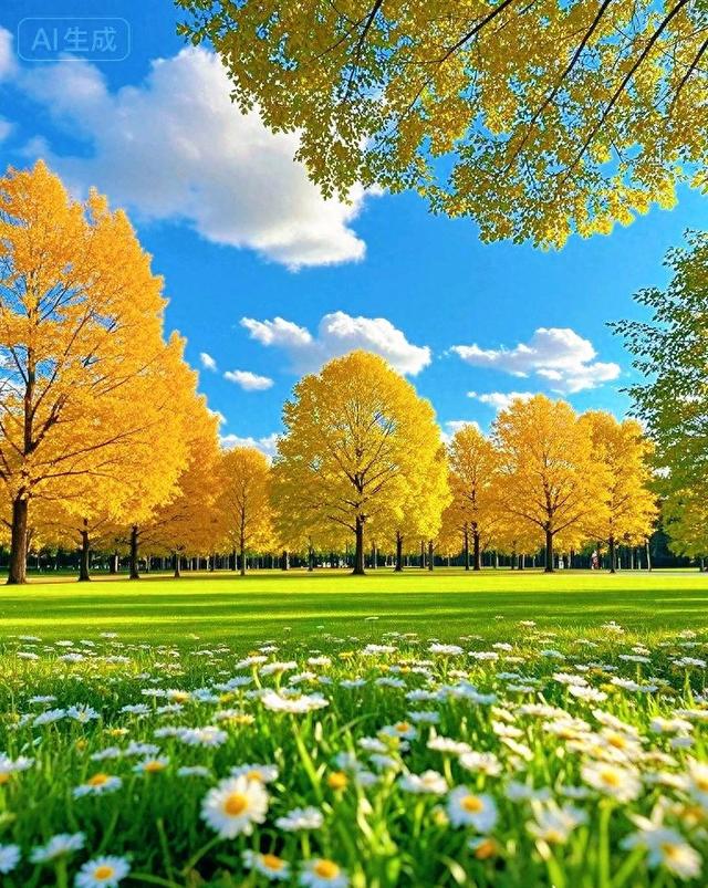 金黄树林、雏菊绿草衬蓝天，这片秋景，超治愈~