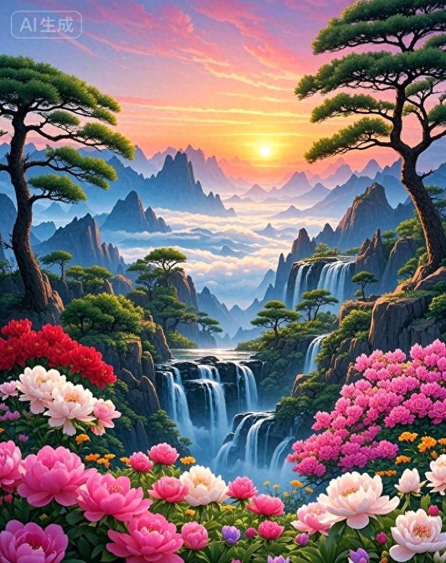 日出铺染云海，瀑落崖间，满坡花簇裹晨光，这山水仙境美极了