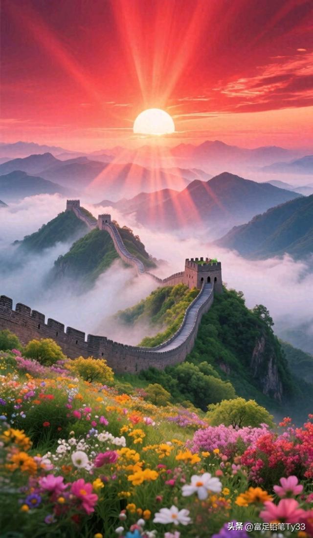 惊叹！长城巍峨处云海花海交织，共绘壮美绝伦之景！