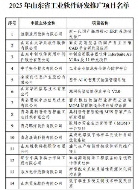 首批15个！2025年山东省工业软件研发推广项目名单发布