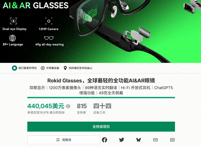 Rokid Glasses上线Kickstarter，一天内完成目标