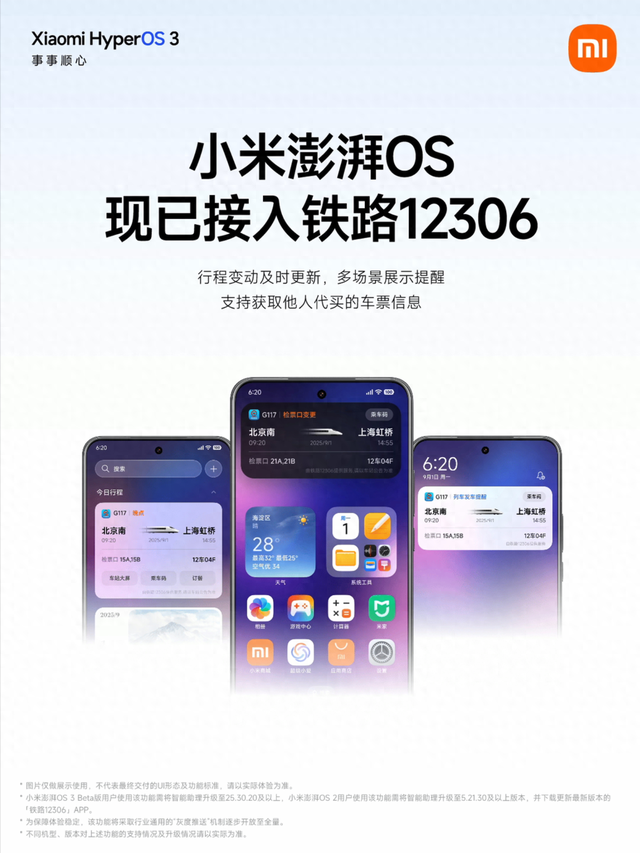 小米澎湃OS接入铁路12306：行程“上岛”，负一屏、通知也能看