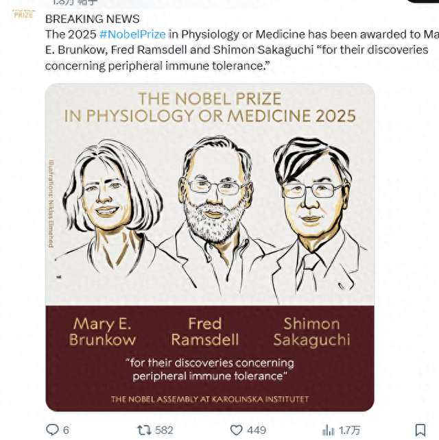 2025年诺贝尔生理学或医学奖公布