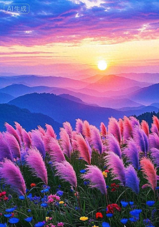 粉苇摇，彩花漫，日出染野太唯美了