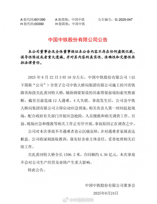 中国中铁回应尖扎黄河特大桥事故：对遇难者表示哀悼，大桥合同额约4.36亿，事故不会对公司经营产生重大影响