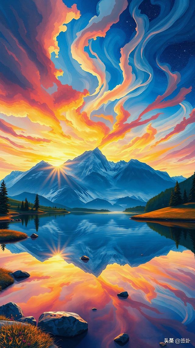 晚霞下的山川河流