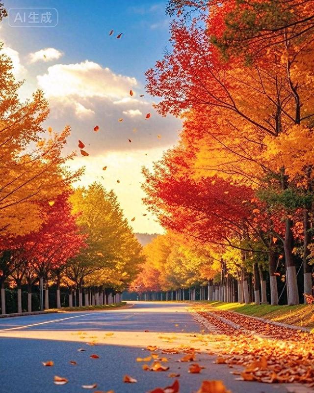 秋风染尽金红路，落叶翩跹醉晚秋