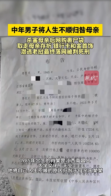38岁无业男子将人生不顺归咎母亲，杀害67岁母亲后盗走4万财物潜逃老挝，已被执行死刑