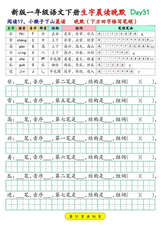 眼睛笔画怎么写（新版一年级语文下册生字晨读晚默知识清单七）