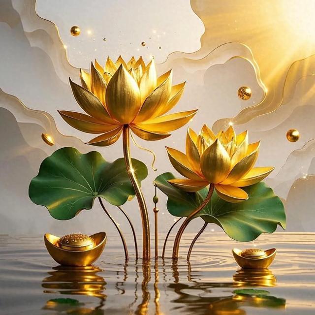 金色莲花与元宝‖财富与好运