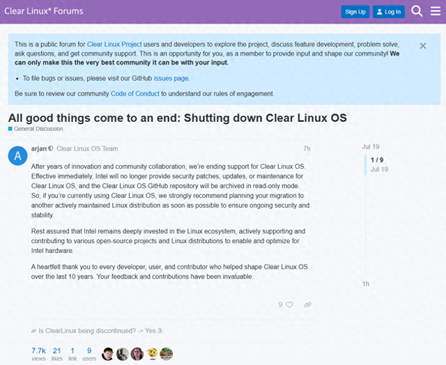 降本增效：英特尔宣布终止开发Clear Linux OS发行版