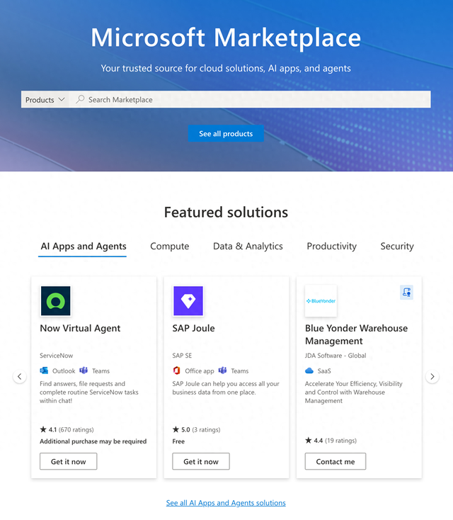 微软推出AI应用与智能助手销售平台Microsoft Marketplace