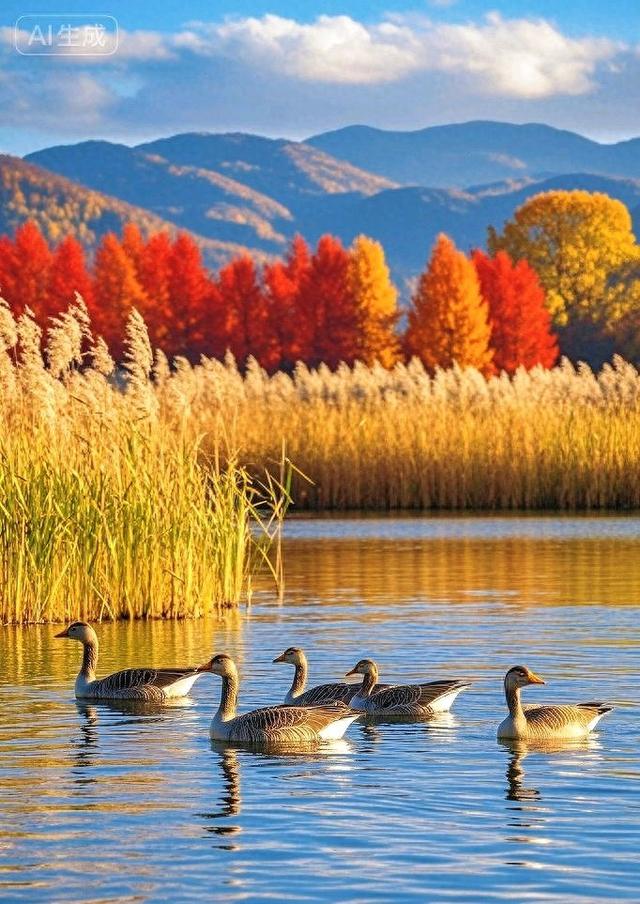 秋湖漾金波，灰雁悠然游，彩林裹暖光，好治愈～